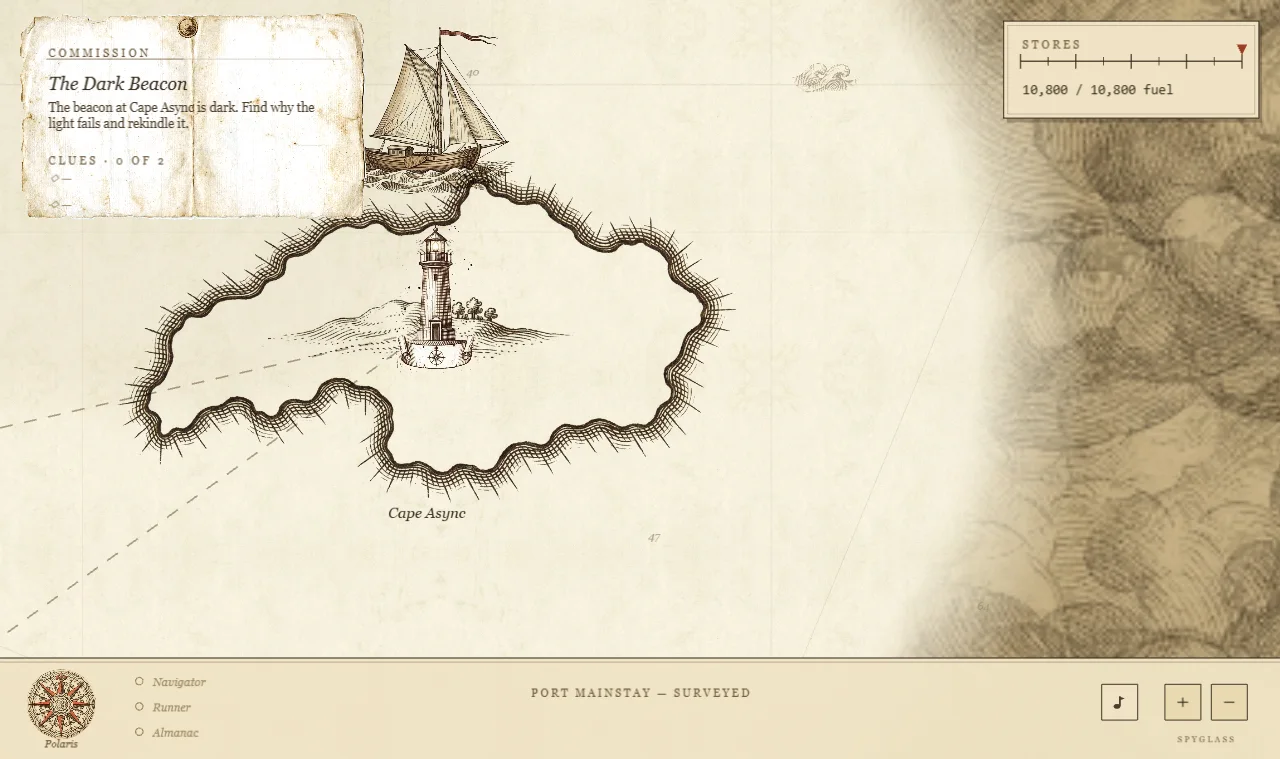 A 17th-century sea chart with an engraved lighthouse island, a sailing sloop, and a fuel gauge