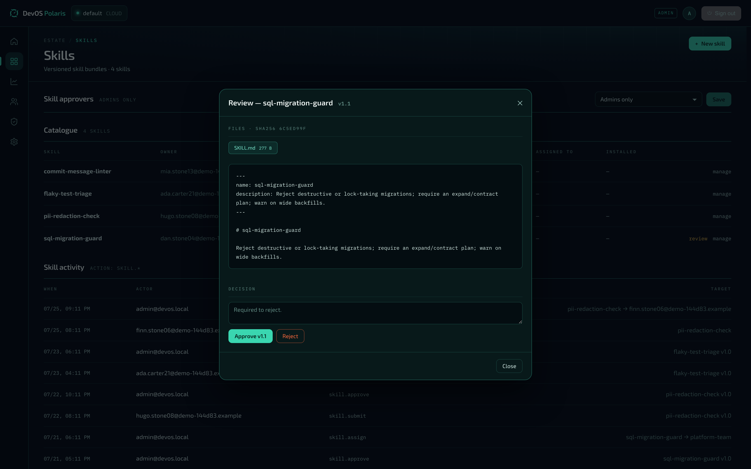 Polaris skills review — SKILL.md contents with content hash, approve or reject